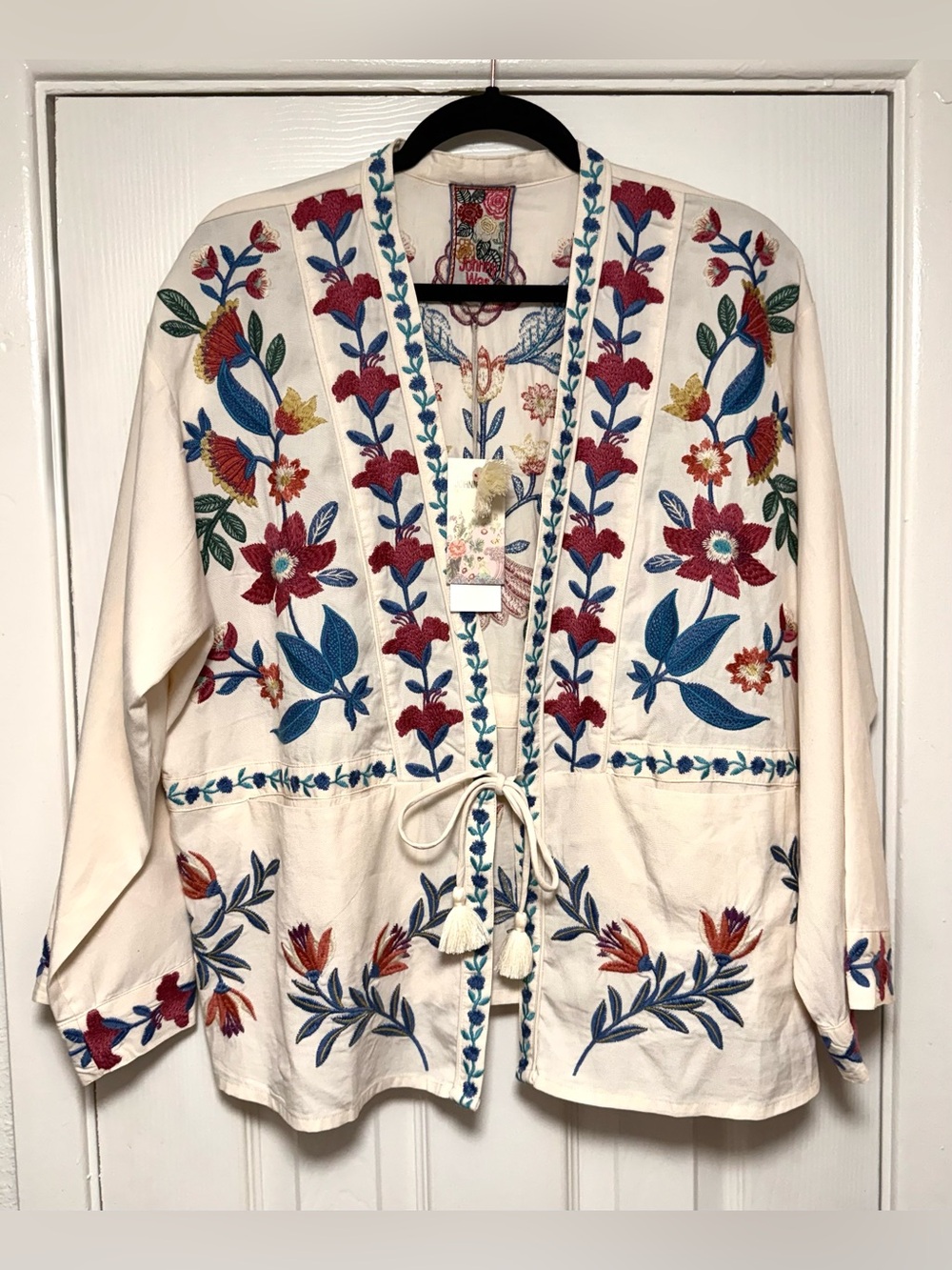 Johnny Was Cream Embroidered Floral Jacket with Blue & Red Accents